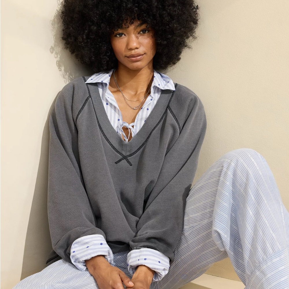 Aerie Gray Fitted Sailor Collar Sweatshirt
